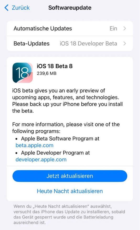 朝阳苹果手机维修分享苹果 iOS / iPadOS 18 开发者预览版 Beta 8 发布 